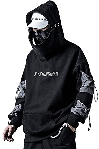 XYXIONGMAO Streetwear Techwear Hoodie Cyberpunk Tactical Herren Schwarz Urban Hip Hop Japanisches Sweatshirt, Schwarz, Large