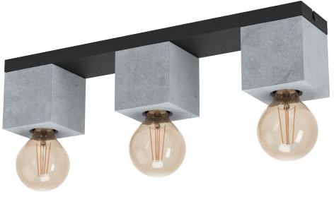 EGLO Deckenlampe Prestwick 3, 3 flammige Deckenleuchte, industrial, Wohnzimmerlampe aus Beton in Grau und Metall in Schwarz, Schlafzimmerlampe mit E27 Fassung