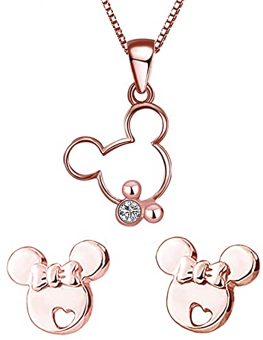 baobei Kaguyo-Schmucksets für Damen, rosévergoldete Halskette mit Mickey-Mouse-Anhänger aus Sterlingsilber mit klarem Zirkonia und kleinen Minnie-Mouse-Ohrsteckern, Schmuckset für Damen und Mädchen