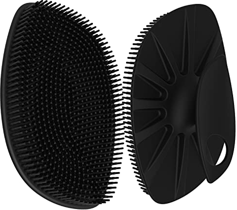 HieerBus Silicone Body Scrubber Flat Shower Brush Gentle Exfoliating and Massage,Long Bristles Lathers Well and More Hygienic Than Traditional Loofah 1 Pack (Black)