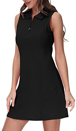 MoFiz Sportkleider Damen Tennis Golf Kleider Ärmellos Sommer Freizeitkleider Baumwolle Polokleid mit Reißverschluss Schwarz M