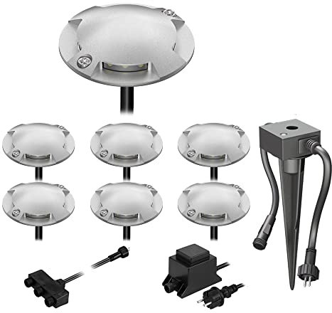ledscom.de LED Boden-Aufbau-Leuchte Bunda, 4-flammig, mit Dämmerungssensor für außen, befahrbar, warm-weiß, 7er Set