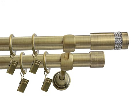 Fenster DEKOR Gardinenstange Gold Antik - Gordijnroede 240 cm - Elegante Modern Vorhangstange - 2-läufig stange vorhang - Karniesabschluss wählbar - Vorhang Stangen Gold Antik Zylinder Diamond