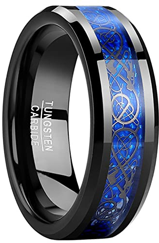 TUNGSTORY Wolfram Ring Herren 8mm Schwarz Kohlefaser Eingelegt Eheringe Polierte Verlobungsring Motivring Komfort Fit Größe 54(17.2)-67(21.3)