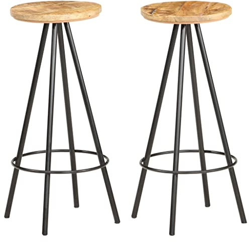 vidaXL Bar Stools Set of 2 - Rough Mango Wood & Iron Base, Industrial Style, Sturdy Design with Built-in Footrest for Living Room, Dining Room, Kitchen - Brown & Black
