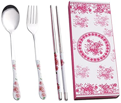 Stainless Steel Cutlery Set Fork Spoon Chopsticks with Case Stainless Steel Tableware Washable Spoon Chopsticks Fork Reusable Portable Chinese Style Patterns Utensils Set for Home Use Camping Travel