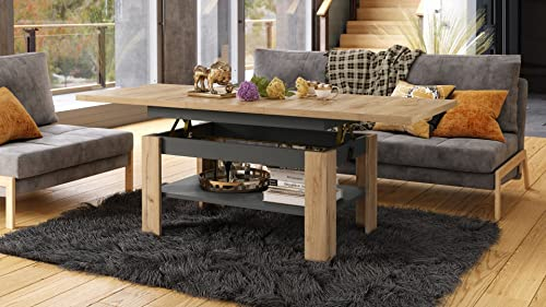 Mazzoni Design Couchtisch Tisch Rio stufenlos höhenverstellbar 55-67 cm ausziehbar 130-170cm mit Ablagefläche Esstisch, Farbe:Eiche Gold Craft - Anthrazit