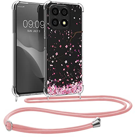 kwmobile Necklace Case kompatibel mit Honor X8a Hülle - Silikon Cover mit Handykette - Rosa Dunkelbraun Transparent Kirschblütenblätter