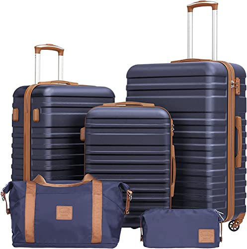 COOLIFE Suitcase Trolley Carry On Hand Cabin Luggage Hard Shell Travel Bag Lightweight with TSA Lock, Included 1pcs Travel Bag and 1pcs Toiletry Bag (Blue/Brown, 5 Piece Set)