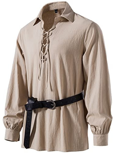 LucMatton Klassisches Herrenhemd mit Schnürung, Baumwolle, mittelalterliches Vintage-Kostüm, L