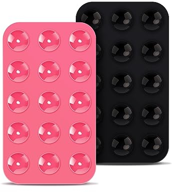 2pcs Silicone Suction Cup Phone Holders, Double Sided Suction Cup Multipurpose Rectangle Phone Suction Mount for Car Mini Suction Cup Mat for Mobile Power Mobile Phones (Black, Rose Red)