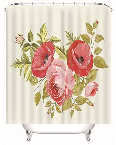 Skcess Duschvorhang Eckdusche Rot Grün, Polyester Duschvorhang Wasserdicht Blume und Blatt Anti Schimmel Duschvorhang 165x180CM