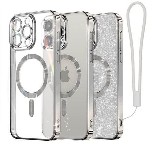Meifigno Clear Hülle Kompatibel mit iPhone 15 Pro, [Kompatibel mit Magsafe][Glitzer Karte & Handschlaufe] Kameraschutz Transparent Case für iPhone 15 Pro 6,1’’ Frauen Mädchen, Titan Silber