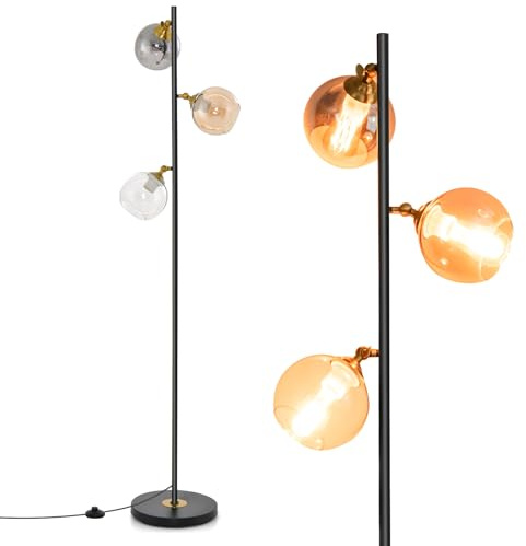 COSTWAY 3-Light Floor Lamp, Industrial Freestanding Lamp with 3 Glass Globe Lampshades, Foot Switch & Weighted Base, Tall Tree Floor Lighting Reading Lamp for Living Room Bedroom Office, E27 Socket