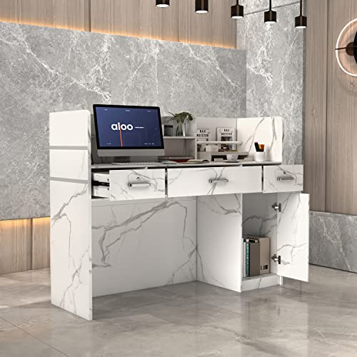 PREMTURE Empfangstheke mit 3 Schubladen und 1 Schrank, Rezeptionstheke, Empfangstisch mit Marmormuster, Empfangstheken, Rezeptionstheke, Büromöbel, 120 x 110 x 48 cm, MDF