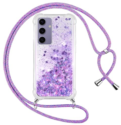 Vauki Coque pour Samsung Galaxy S24 avec Cordon, Paillette Liquide Transparent Crystal Glitter Housse, Protection Antichoc Silicone Souple TPU Bumper Case,Réglable Collier pour Samsung S24, Violet