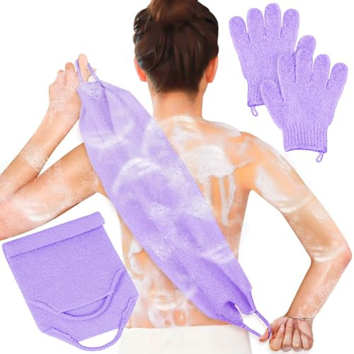 Anezus Peeling-Rückenschrubber Badehandschuhe-Set, Peeling-Duschtuch mit Duschhandschuhen für Körperpeeling, Rückenreiniger, Waschhandschuhe zum Entfernen abgestorbener Haut (lila)