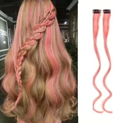 2 x Clip-In Hair Extension Highlights Streaks, Colourful Hair Highlights (Curly Pale Pink x 2)