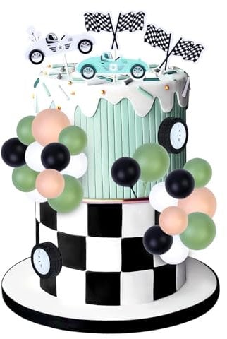 Cheereveal Race Car Birthday Cake Decorations for Boys - Racing Car Theme Cake Toppers Wheel Ball Dessert Picks, Vintage Race Car Theme Birthday Baby Shower Party Supplies
