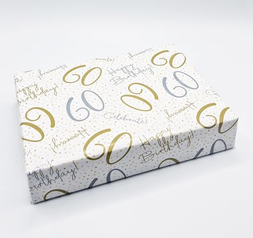 Geschenkpapier zum 60. Geburtstag, Aufschrift Happy Birthday Celebrate Hooray, Weiß, Gold, Silber, Unisex, Alter 60. Geburtstag, männlich, weiblich, Geschenkpapier (PA)
