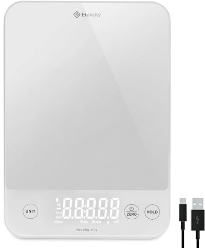 ETEKCITY Küchenwaage 10kg Digitalwaage, wiederaufladbar und wasserdicht, Haushaltswaage zum Kochen, Backen, und auch Gewichtsverlust, Präzision von 1 g, Tara Funktion, Weiß