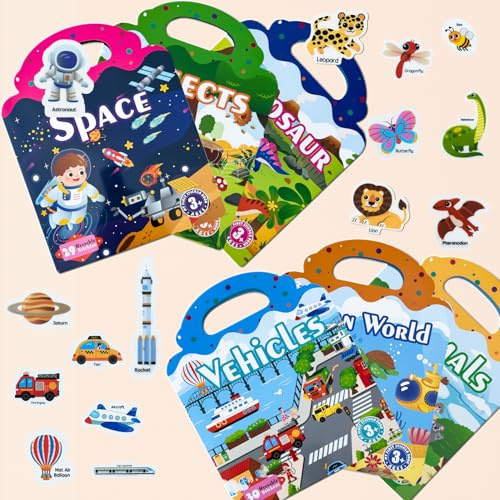 300+ Wiederverwendbare Sticker Buch für Kinder 2-6 Jahre – 6 Themen Szenen (Weltraum/Dino/Insekten/Verkehr/Meer/Tiere) – Wasserdichte 3D-Puffy Aufkleber mit Griffdesign