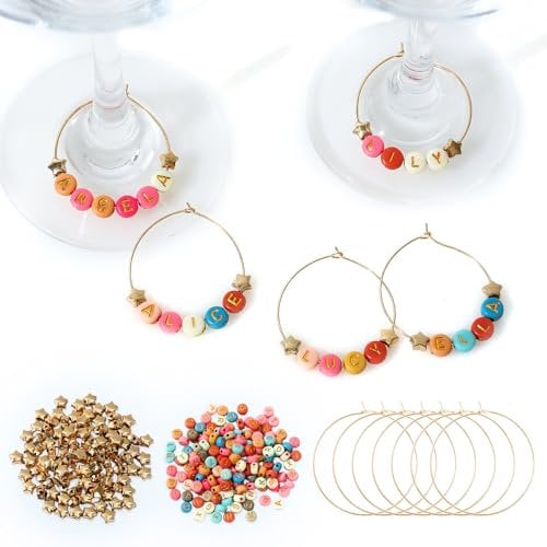 SANDOO 12pcs DIY Wine Charms for Stem Glasses with 300pcs Colorful Letter Beads and 100pcs Gold Beads - Funny Wine Charms,1.5 Wine Glass Tags for Bachelorette Christmas Wine Tasting Party
