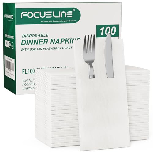 FOCUSLINE Einweg-Servietten, Stoffähnlich, integrierte Bestecktasche, weiße vorgefaltete Papierservietten, Leinen-Gefühl für Hochzeit, Party oder Veranstaltungen, 100 Stück