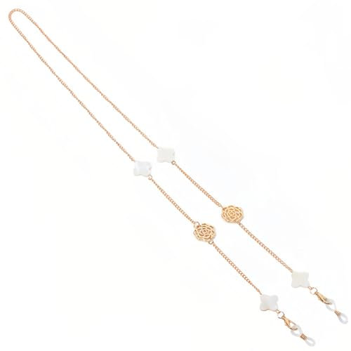 NJCXOLA Chaîne de lunettes pour femme, porte-ceinture autour du cou, tour de cou pour masque, chaîne de lunettes de trèfle à quatre feuilles en coquille + chaîne en alliage + acrylique, or
