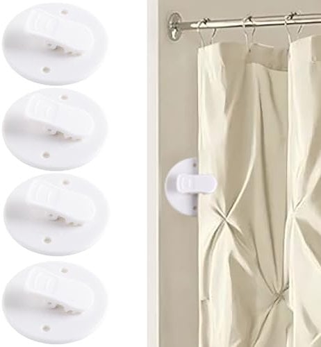 4 pcs Shower Curtain Clips with Water Guard,white Self Adhesive Shower Curtain Shower Windproof Splash Guard Small Wire Holder for Shower Hanging Camper Bathroom Home Decoration Indoor and Outdoor