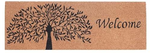 Extra Long Printed Coir Doormat 40x125cm Non-Slip Backing Large Natural Runner for Hallway Entrance Indoor Outdoor Dirt Trapping Heavy Duty Coconut Fibre Mat [Tree of Life Welcome]