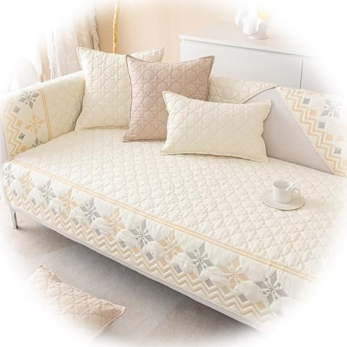 REDEXI Boho Couch Überzug Baumwolle Möbelschutz Sofahusse Reversible Gesteppte Sofa Überzug Antirutsch Sofaüberwurfe -Maschinenwaschbar(Beige,110x180cm)