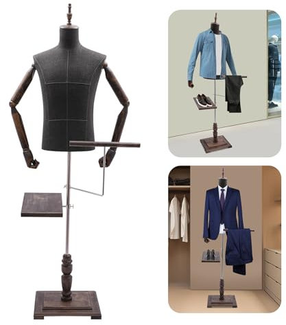 Herrnbüste Nähpuppe Schneiderpuppen Verstellbar Schaufensterpuppe Höhe Torso Männlich Male Holzstand mit Hosenständer und Schuhhalterung