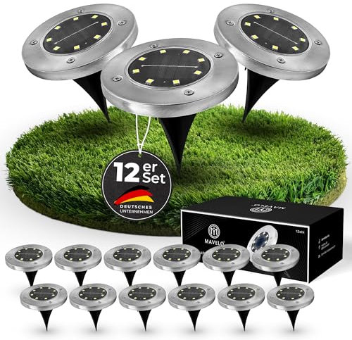 Mavelo 12 Stück Solarbodenleuchten, LED-Solarlampen für außen, Solarlampen für außen Garten,Solarleuchten für Garten, Gartenbeleuchtung, IP65, Beleuchtung für Einfahrten und Gehwege, weißes Licht