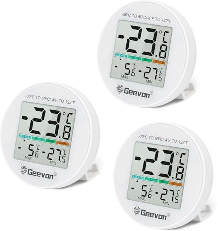 Geevon Réfrigérateur Thermomètre, Mini Numérique, IP65 Étanche, pour Réfrigérateur Congélateur Intérieur Thermostat avec Écran LCD, Pied Retour Magnétique Max Enregistrement Min, 2-Pack (avec