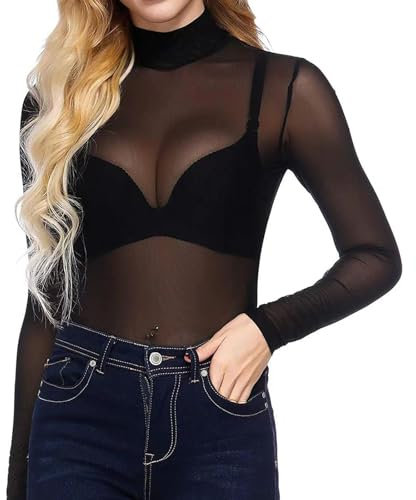 JSTHHTT Hauts Transparents Femmes Elastique T-Shirt à Manches Longues Top en Maille, Haut Femme Chic et Élégant, Sexy Blouse Sheer Mesh Femme, Noir Tulle de Moulante Clubwear Tops pour Soirée Club