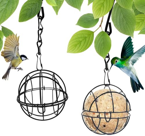 Debbery 2Pcs Fat Ball Feeder, with 2 S-Hooks Black Metal Hanging Bird Feeder for Outdoor Gardens, Attracting Birds Such as Finches, Sparrows and Robins