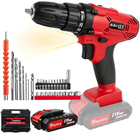 AutoBaBa 21V Cordless Drill Cordless Drill and Driver with 45N.M, Torque Rating 25+1, Electric Driver with LED Light, 2 Variable Speeds, 29 Accessories Electric Drills for Home Repairs, DIY (2000mAh)