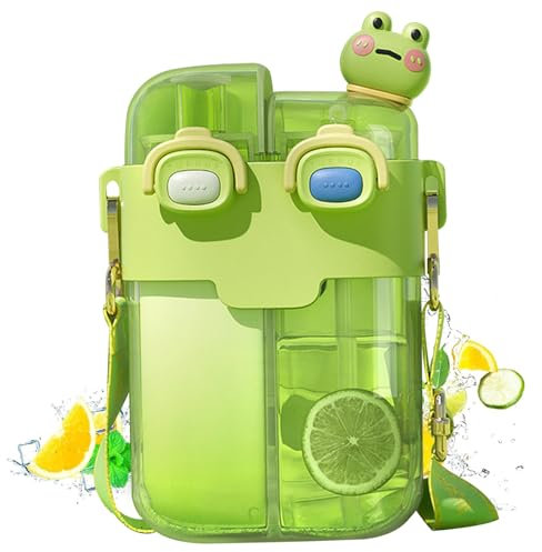 Xoeryoy Cute Water Bottle 26 Oz Kids Water Bottle Dual Chamber with Straw & Adjustable Strap Leak Proof Jug for Girls School Outdoor Sports Travel Green &