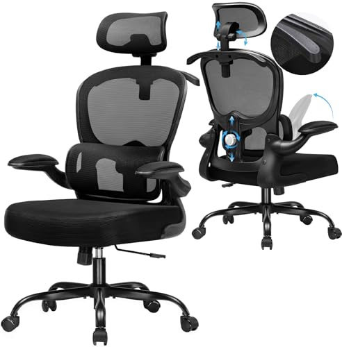 COMHOMA Chaise de Bureau Ergonomique, Fauteuil avec Appui-tête 3D et Support Lombaire, Design Intégré avec Porte-vêtements, Accoudoirs Rabattables, Siège Rembourré en Maille Respirante