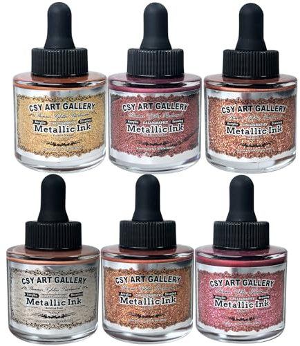CSY art gallery Pearlescent Acrylic Inks Bottle with Dropper, 1oz - 29.5 ml Set of 6PCS Bronze Gold Red Liquid Drawing Ink for Calligraphy,Wood, Scrapbook Journals, Photo Albums (Saturn Twinkles Set)