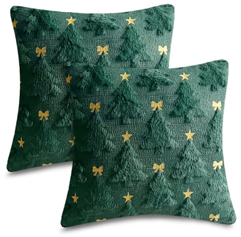 2 Stück Weihnachts Kissenbezüge 45x45 cm, Samt Kissenhüllen Grün Gold | Samt Weihnachtskissenbezüge, Grün Gold Muster Weihnachtsbaum Kissenhüllen für Sofa, Wohnzimmer Couch Deko