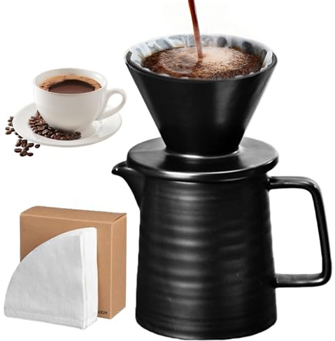 SUNOYA Pour Over Kaffeebereiter Mit Keramikbecher 450 ML, Kaffeefilter Porzellan Mit Tasse, Kaffeekanne Mit Filter Mit 100 Papierfilter, Pour Over Kaffeemaschine Für Zuhause Café Restaurant Camping