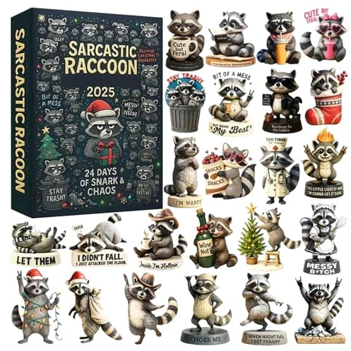 Sarkastische Waschbären-Adventskalender 2025, 24 Days of Snarks & Chaos. Lustige Weihnachts-Countdown-Kalender mit 24 humorvollen Witzen, niedlichen Waschbärenen-Ornamenten