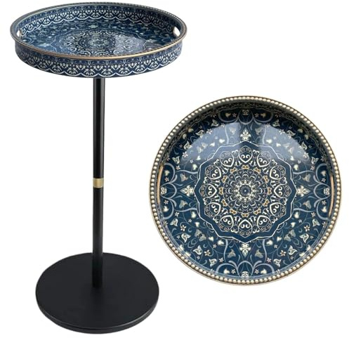 Simmer Stone Boho runder Beistelltisch mit Tablett-Oberfläche, Getränketisch für kleine Räume, ästhetischer Akzent-Nachttisch für Wohnzimmer, Schlafzimmer, Ecken und Büro (Blaues Labyrinth)