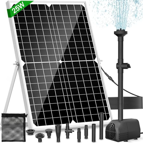 Pompa solare per laghetto, pompa solare da 25 W, portata 1700 l/h, cavo di alimentazione allungabile da 5 m, 4 modelli di spruzzo e sacco raccogli-sporco, ideale per laghetti e impianti d'acqua