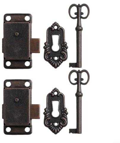 Yuanpgky Lot de 2 serrures de porte d'armoire vintage en fer avec clés et couvercles décoratifs, finition bronze antique, pour armoires et meubles en bois, serrure 53 x 27 mm