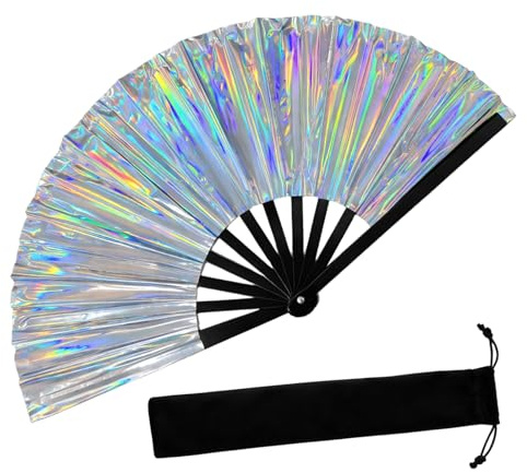 YREYBN Reflective Colorful Hand Fan Dancing Foldable Silver Clap Fan, Disco Lines Dance Performances, Party Enthusiasts Accessory, Portable Cooling Hand Fan with Storage Bag