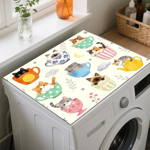 GLOBLELAND Teacup Cats Washer Dryer Dust Cover 23.6×19.6 inch Cute Cats Washing Machine Top Protector Pads Non Slip Washing Machine Top Covers for Laundry Room Living Room Kitchen