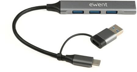 Ewent Hub USB-C 4 Porte USB-A 3.2 Gen1 5Gbps, Adattatore USB-C a USB Multiplo con 1 Porta USB 3.2 + 3 USB 2.0, Alluminio Premium, Cavo 15cm, Compatibile MacBook, Laptop, Windows, macOS, Linux